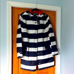 Lands' End Navy and White Striped Hooded Trench Coat